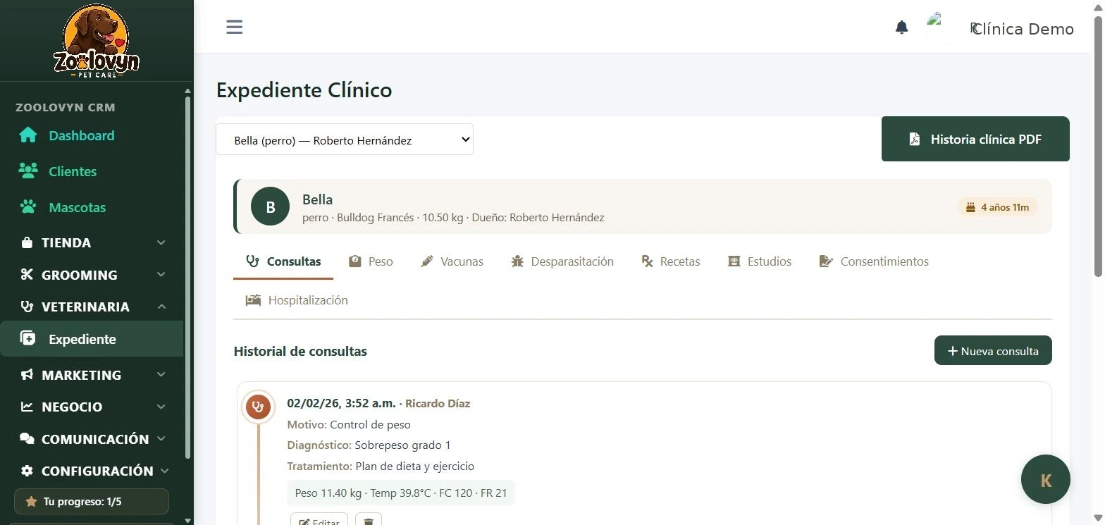 Expediente clinico veterinario de Zoolovyn con historial en linea de tiempo